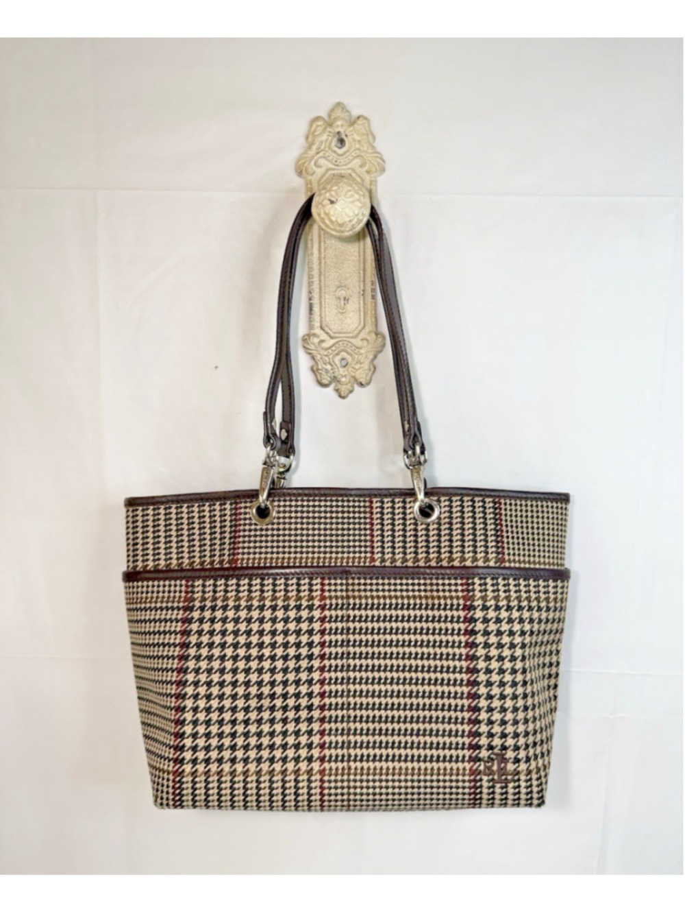 Vintage Ralph Lauren Houndstooth Tote Canvas & Leather 90's